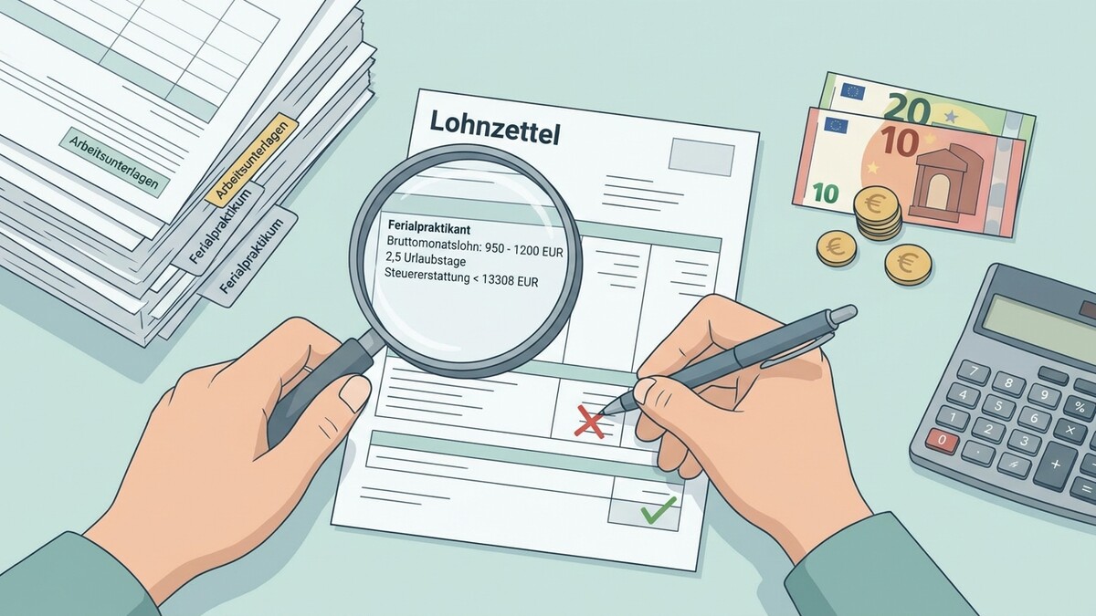 Lohnzettel wird mit Lupe und Stift geprüft, daneben Geld, Münzen und Taschenrechner