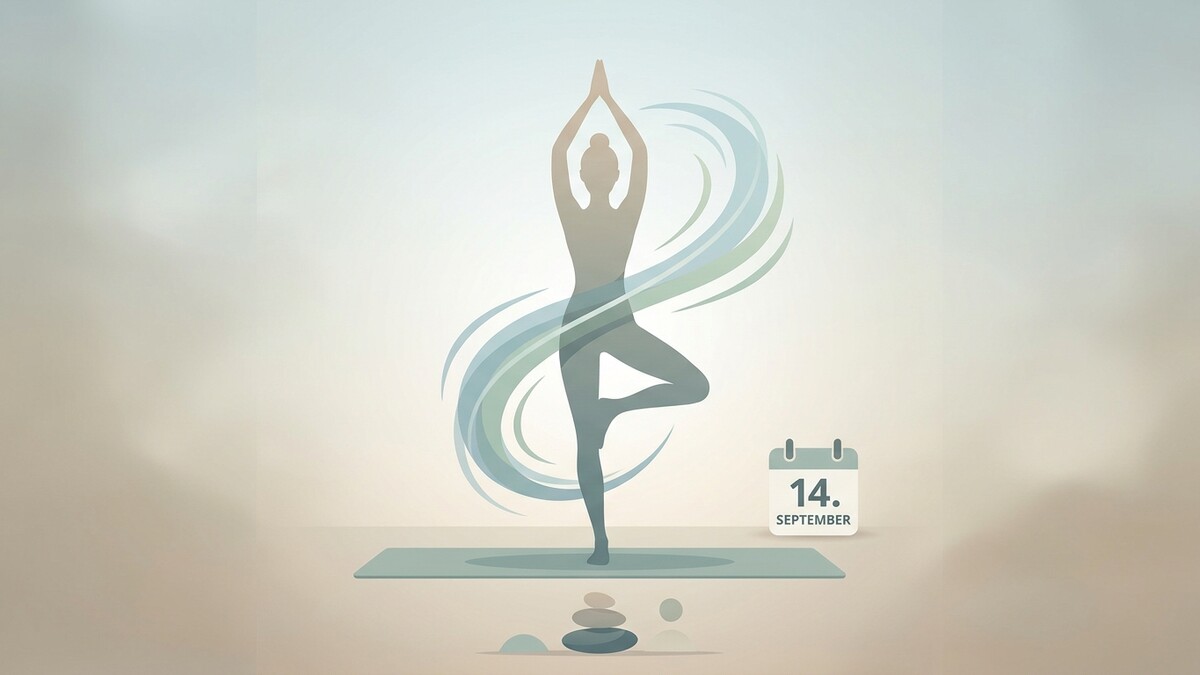 Yoga-Pose mit Kalenderblatt 14. September und Steinen