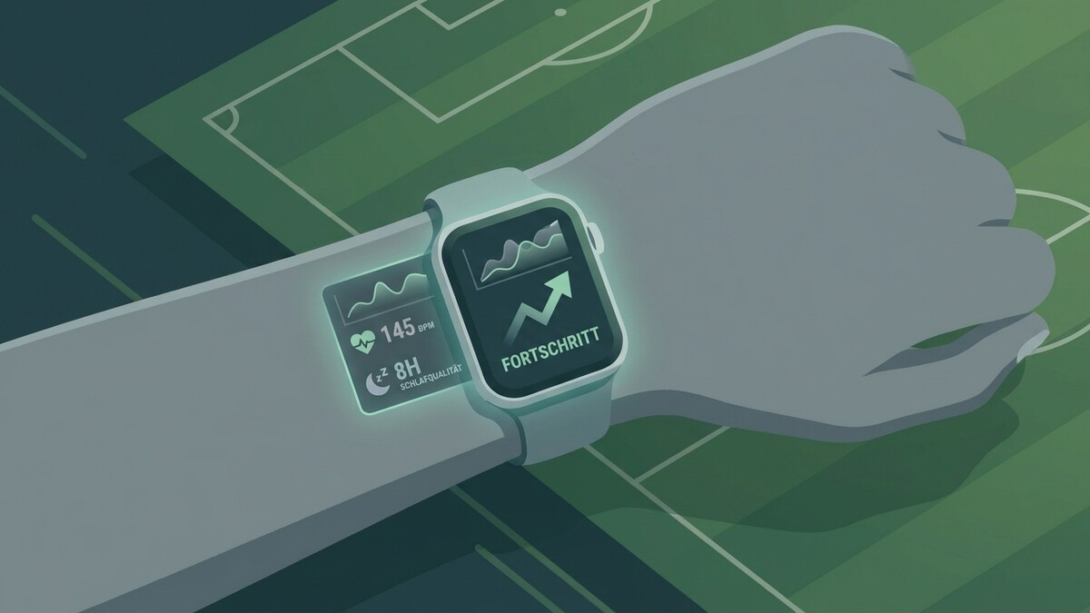 Smartwatch am Arm mit Fortschrittsanzeige und Schlafwert auf Fußballfeld