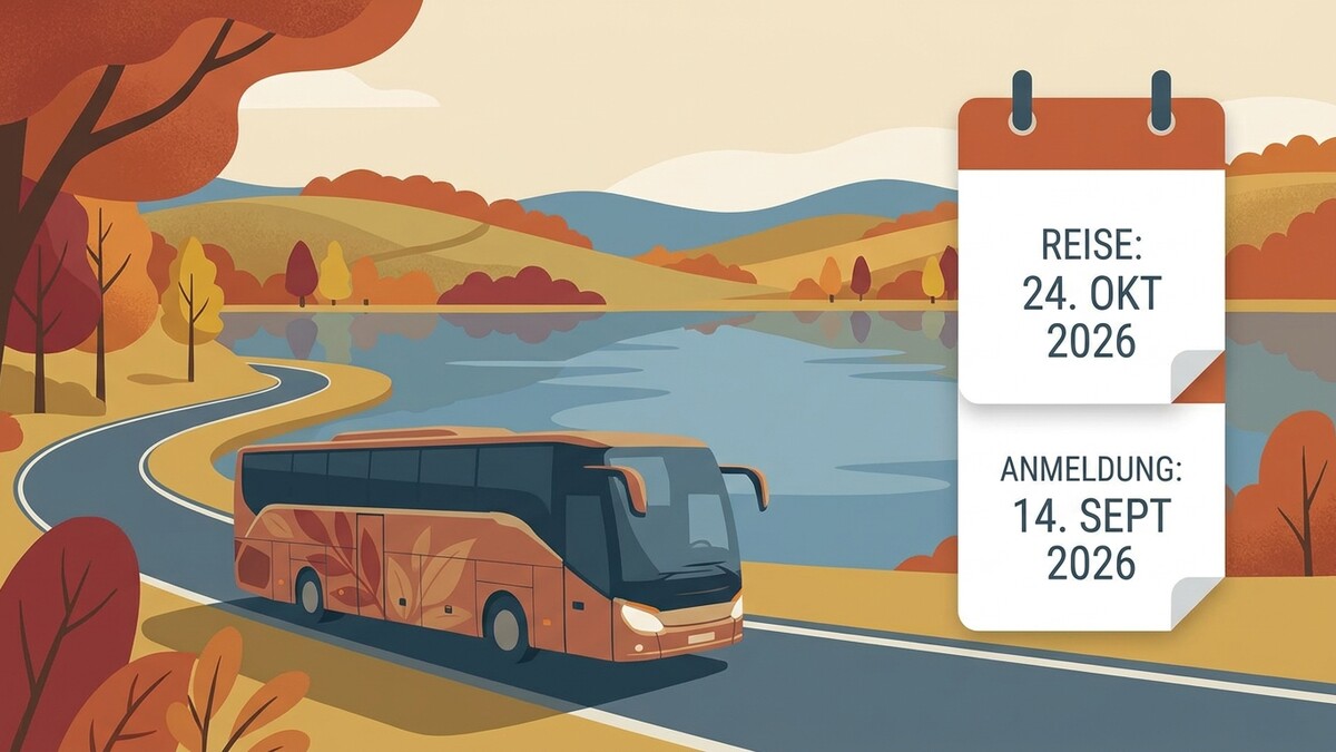 Reisebus fährt im Herbst an einem See entlang, Reise 24. Okt. 2026