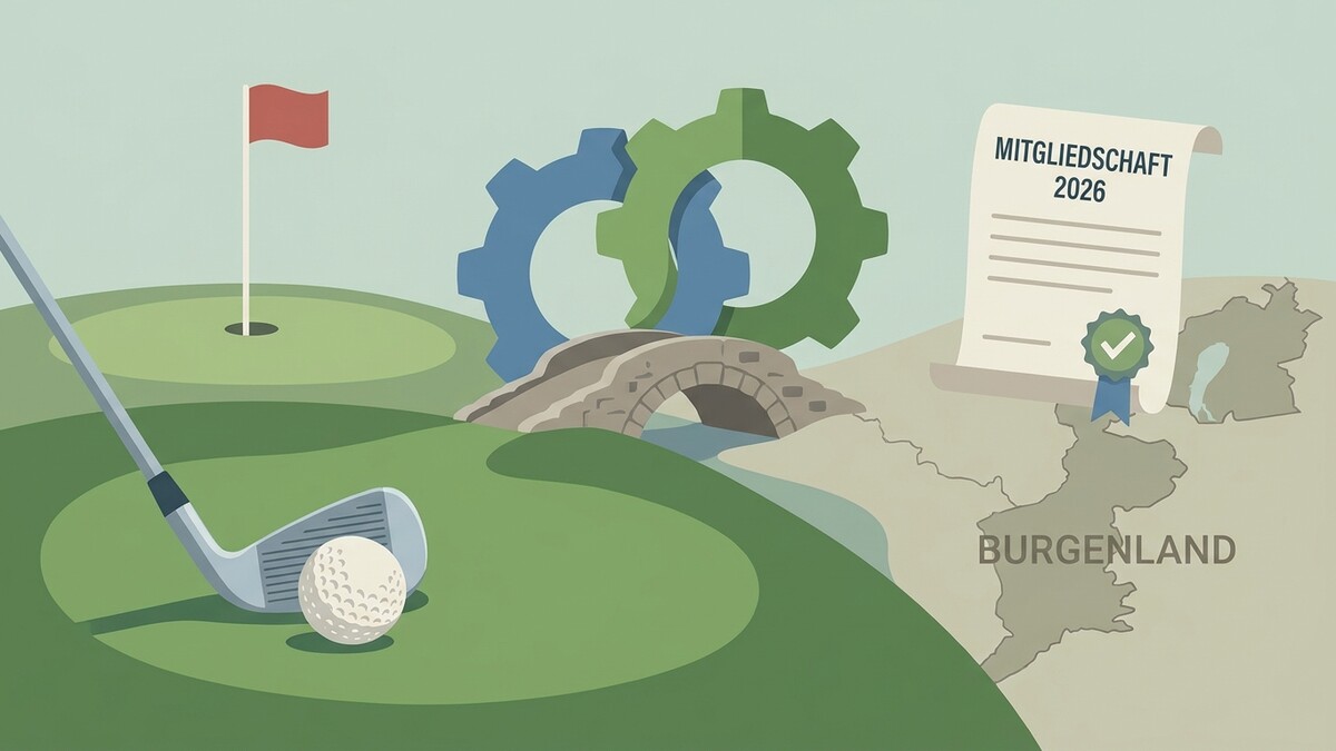 Golfplatz im Burgenland mit Dokument "Mitgliedschaft 2026" und Zahnrädern