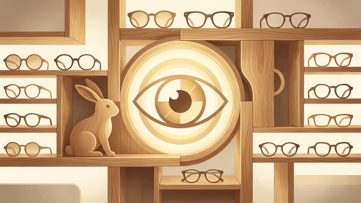 Brillen in einem Holzregal mit Hasenfigur und stilisiertem Auge