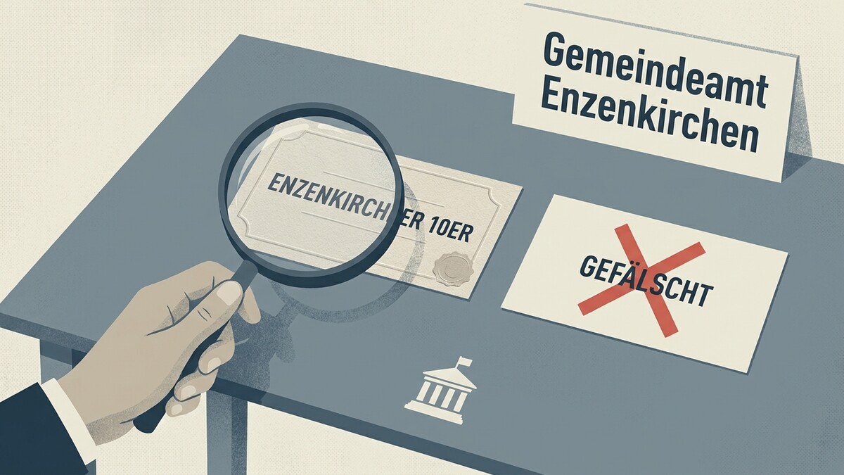 Gemeindeamt Enzenkirchen: Dokument wird durch Lupe geprüft, daneben ein als gefälscht markiertes Dokument.