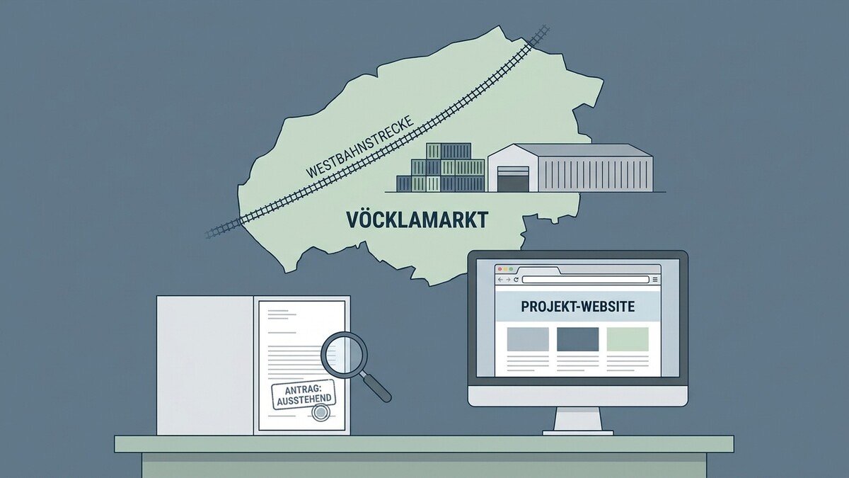 Vöcklamarkt: Westbahnstrecke mit Gütern und Gebäude, daneben Antrag und Projekt-Website
