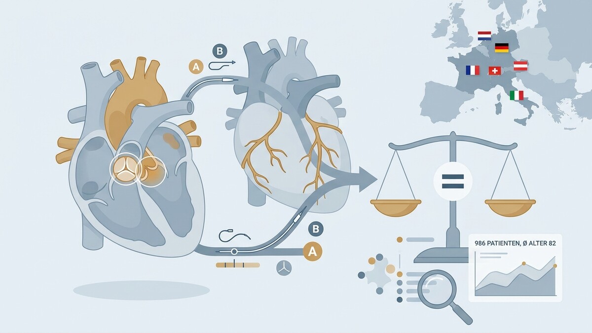 Herzkatheter-Studie: Europa-Karte mit Flaggen, Waage, Lupe und Patientendaten