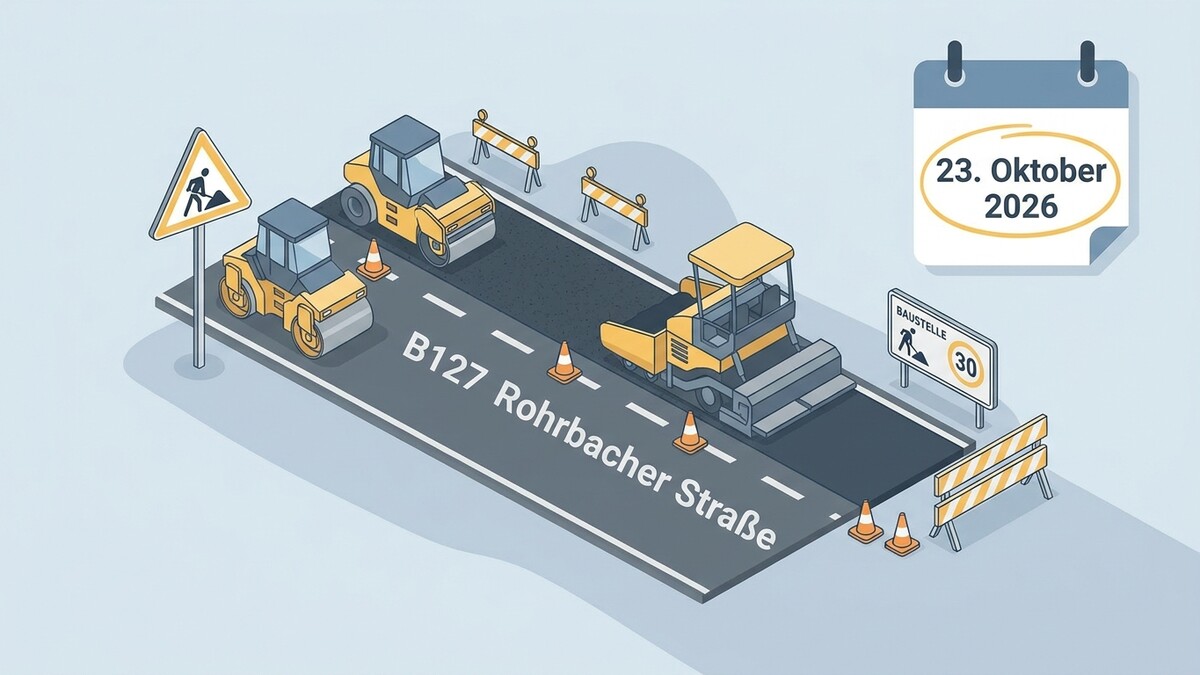 B127 Rohrbacher Straße Baustelle mit Walzen und Kalender 23. Oktober 2026