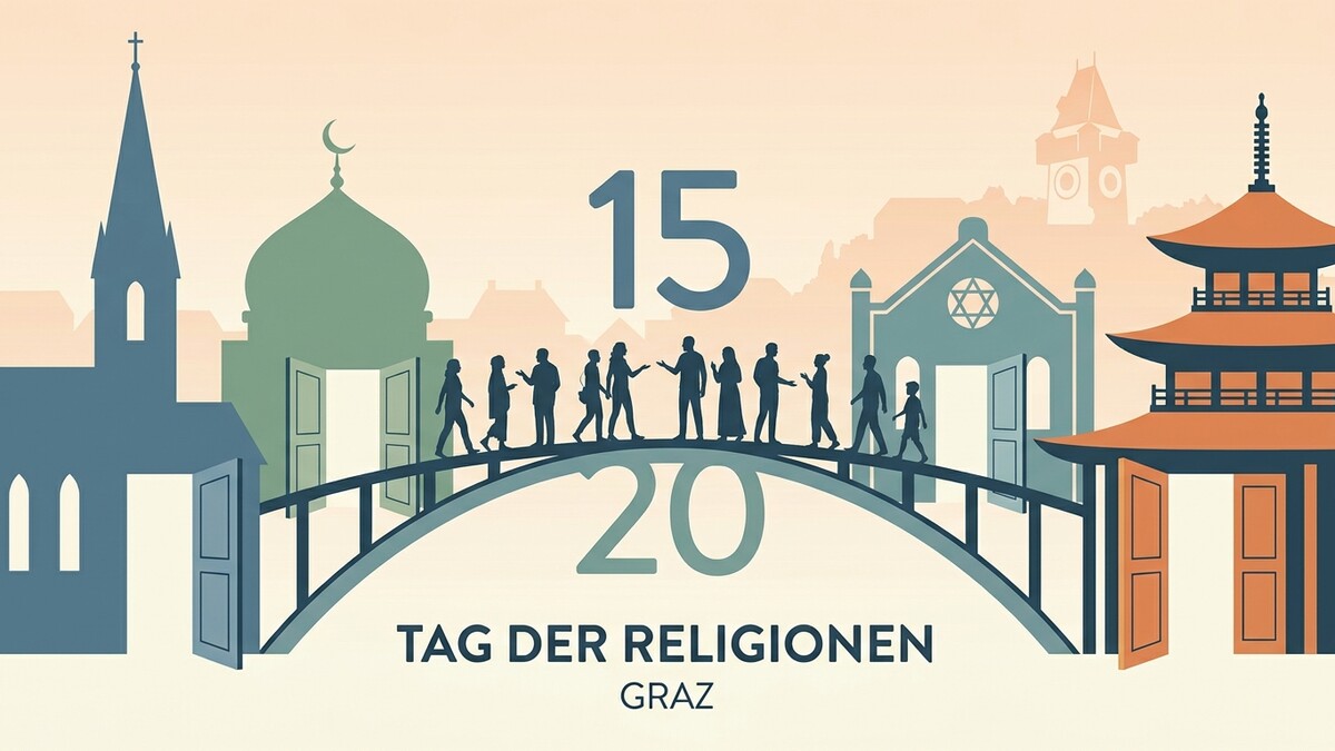 Tag der Religionen Graz: Menschen überqueren Brücke zwischen Gotteshäusern verschiedener Religionen
