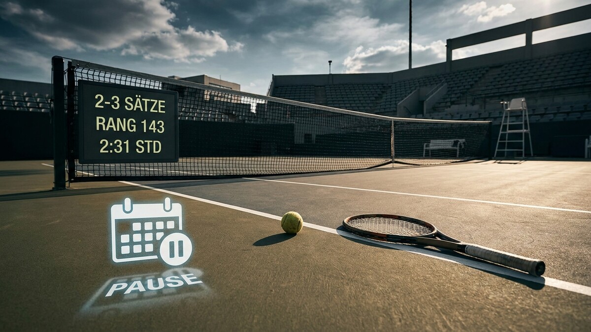 Tennisplatz mit Anzeigetafel, Schläger, Ball und Pause-Symbol.