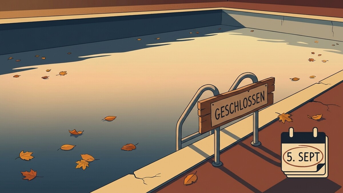 Geschlossenes Freibad mit Herbstlaub und Kalenderblatt 5. September