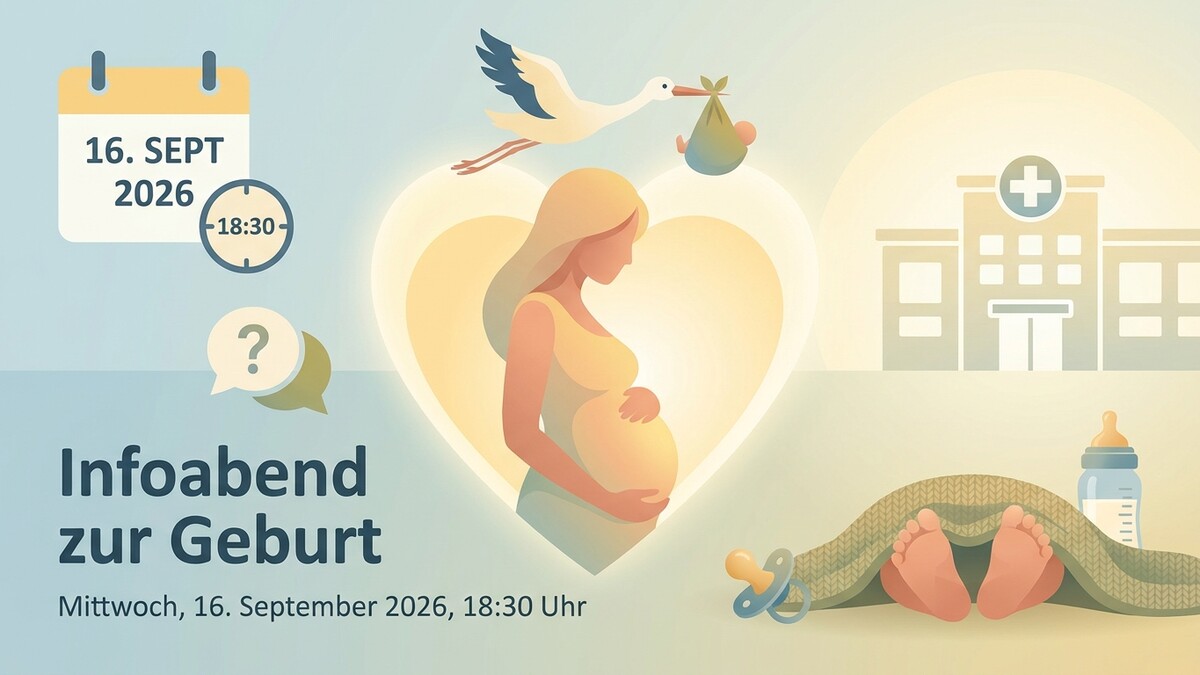 Infoabend zur Geburt 16. September 2026 18:30 Uhr, schwangere Frau, Storch mit Baby, Krankenhaus