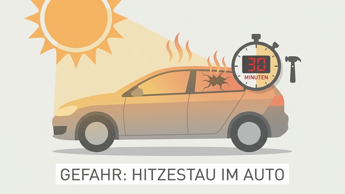 Auto im Sommer, Hitzestau im Auto, zerbrochenes Fenster, 30 Minuten, Hammer