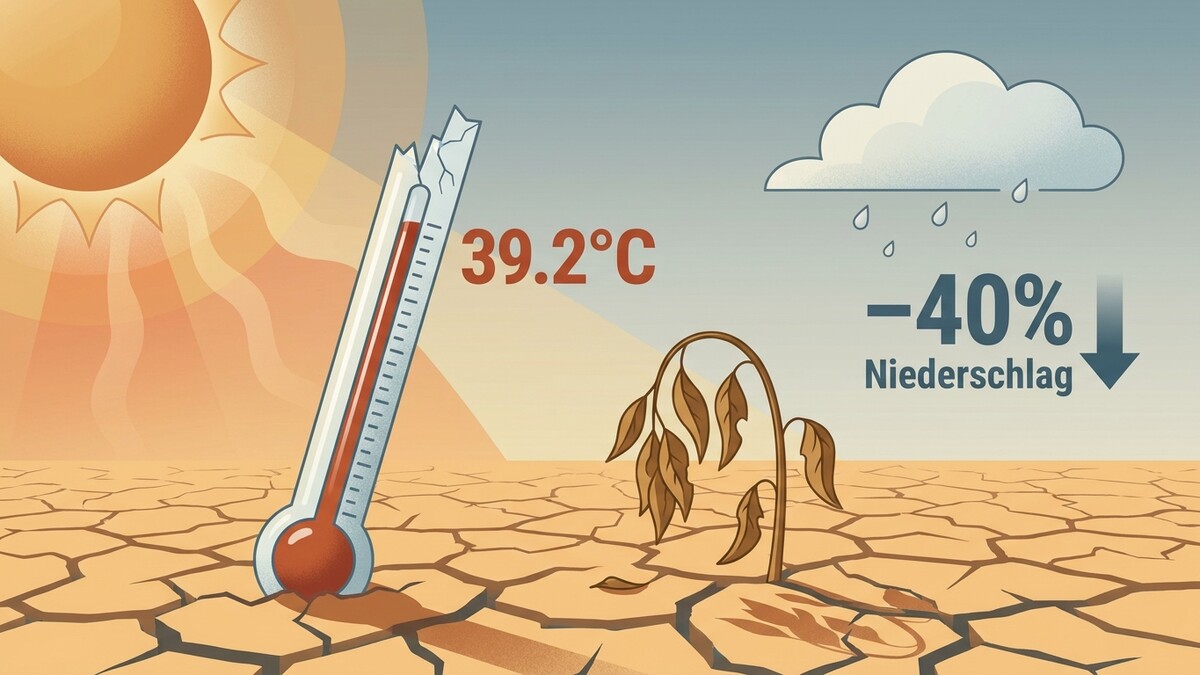 Hitze und Dürre: Thermometer zeigt 39,2°C, trockene Pflanze, Wolke mit -40% Niederschlag