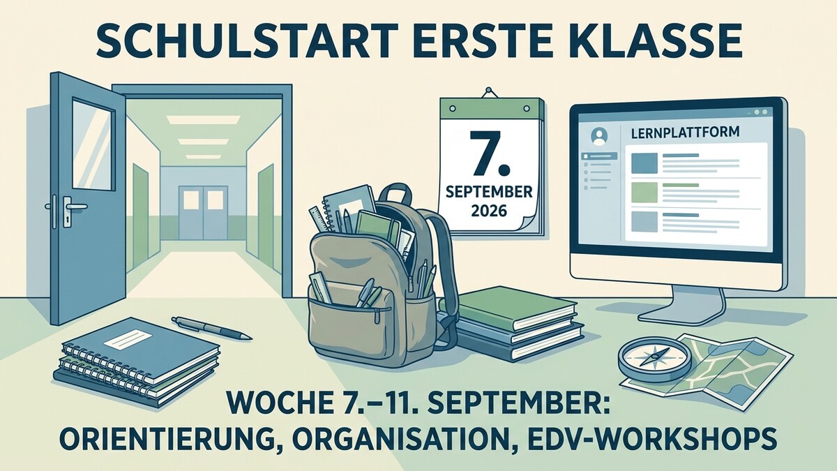 Schulstart erste Klasse: Schultasche, Kalender, Computer, Hefte und Kompass