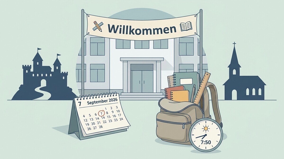 Schulbeginn: Kalenderblatt mit 7. September 2026, Ranzen und Uhr