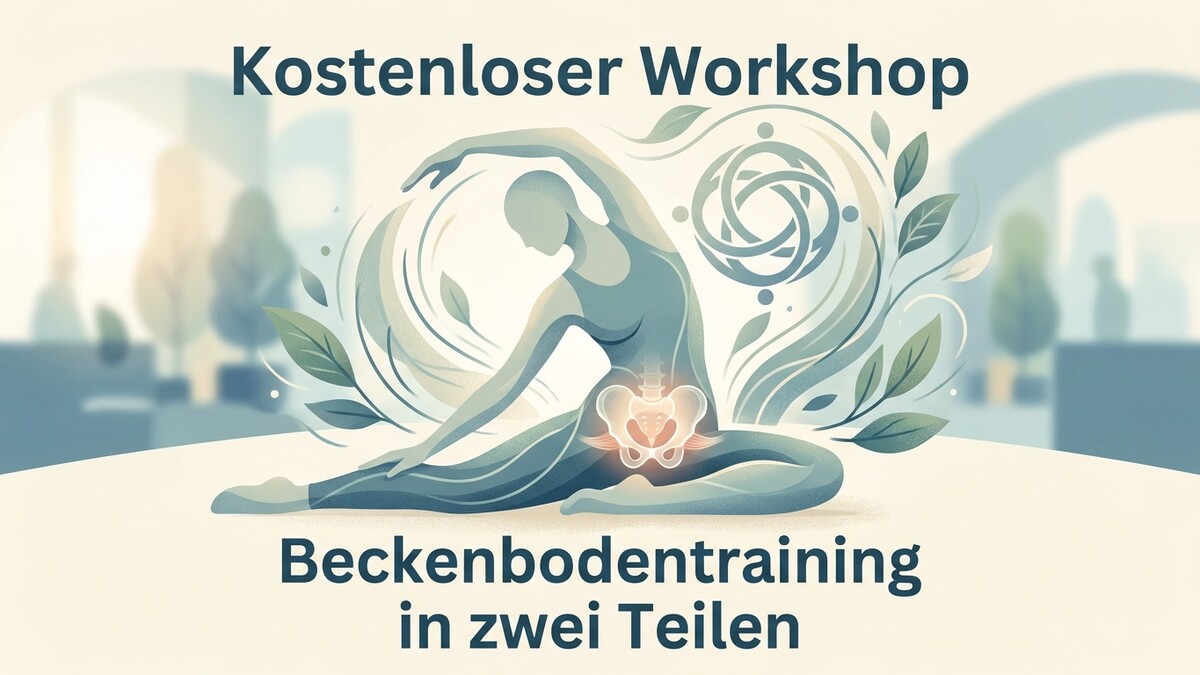 Beckenbodentraining-Workshop mit stilisiertem Körper und Beckenknochen in entspannter Pose.