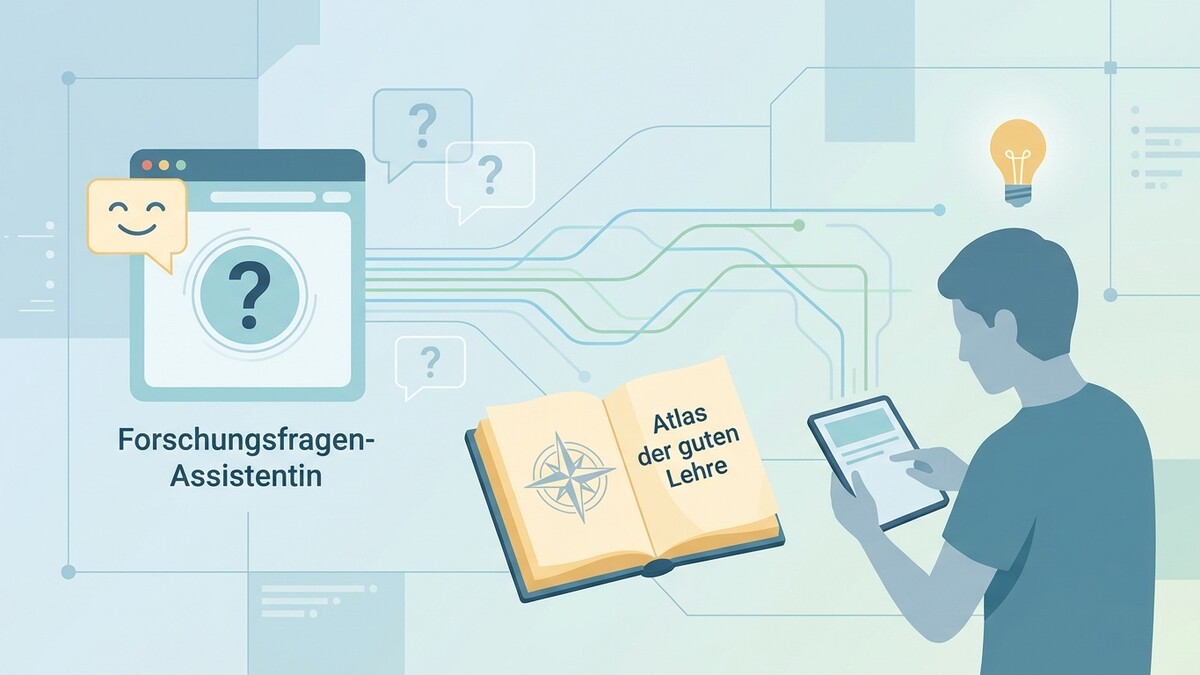 Forschungsfragen-Assistentin mit Buch und Tablet vor Netzwerk-Grafik