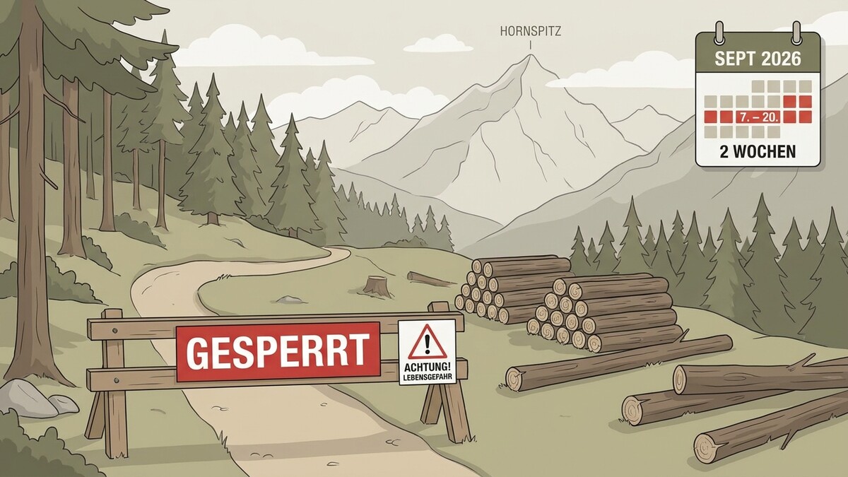 Gesperrte Forststraße am Hornspitz mit Holzstapeln und Kalenderblatt Sept. 2026