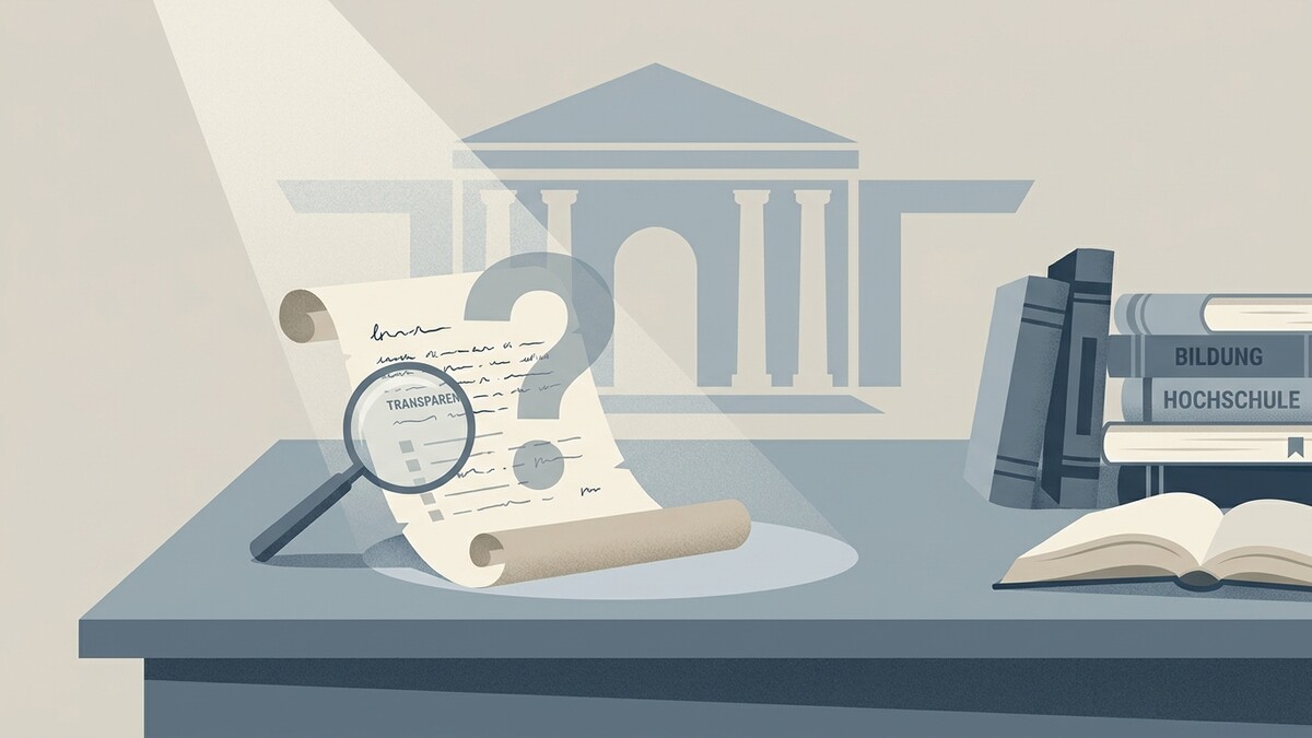 Transparenz-Dokument unter Lupe vor Gebäude mit Fragezeichen, Bücherstapel