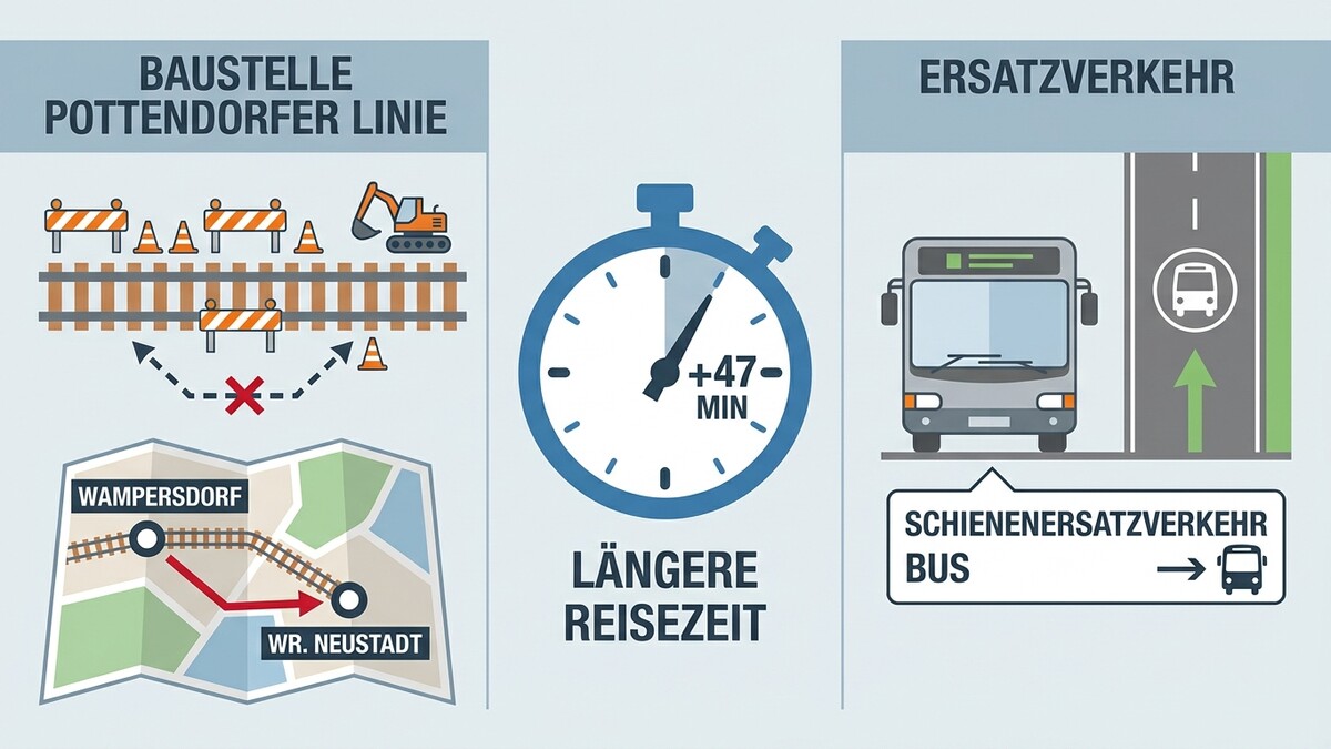 Pottendorfer Linie Baustelle mit Umleitung und Ersatzverkehr per Bus, längere Reisezeit um 47 Minuten