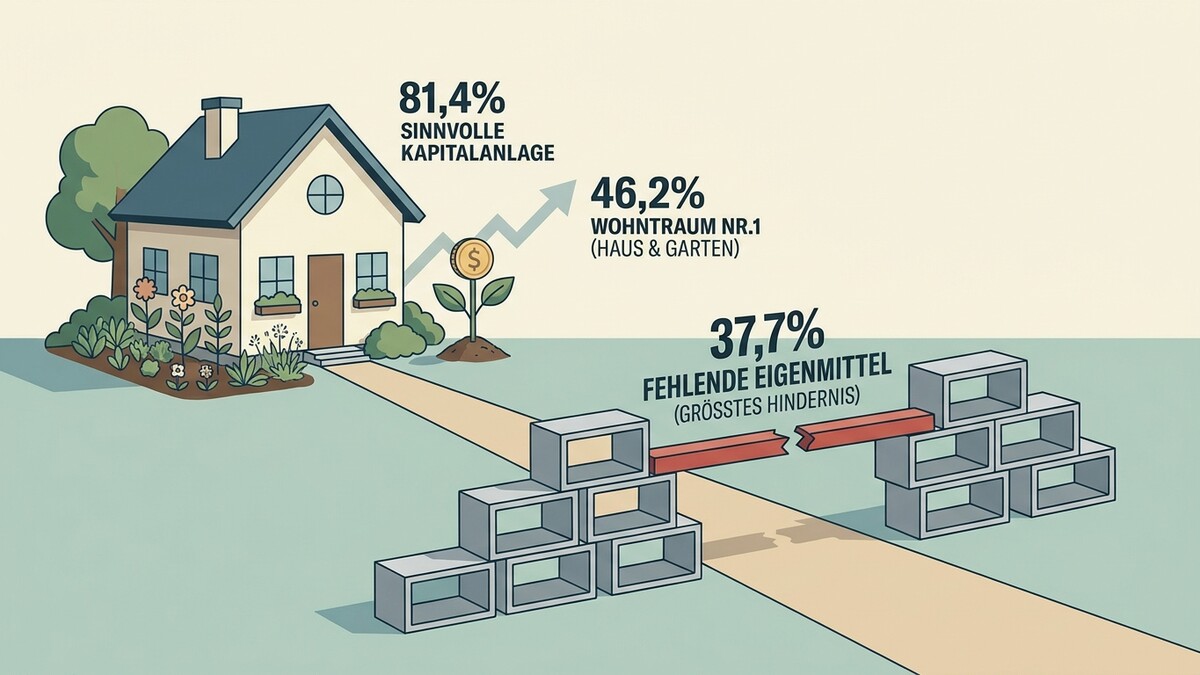 Hauskauf: 81,4% sinnvolle Kapitalanlage, 46,2% Wohntraum, 37,7% fehlende Eigenmittel.