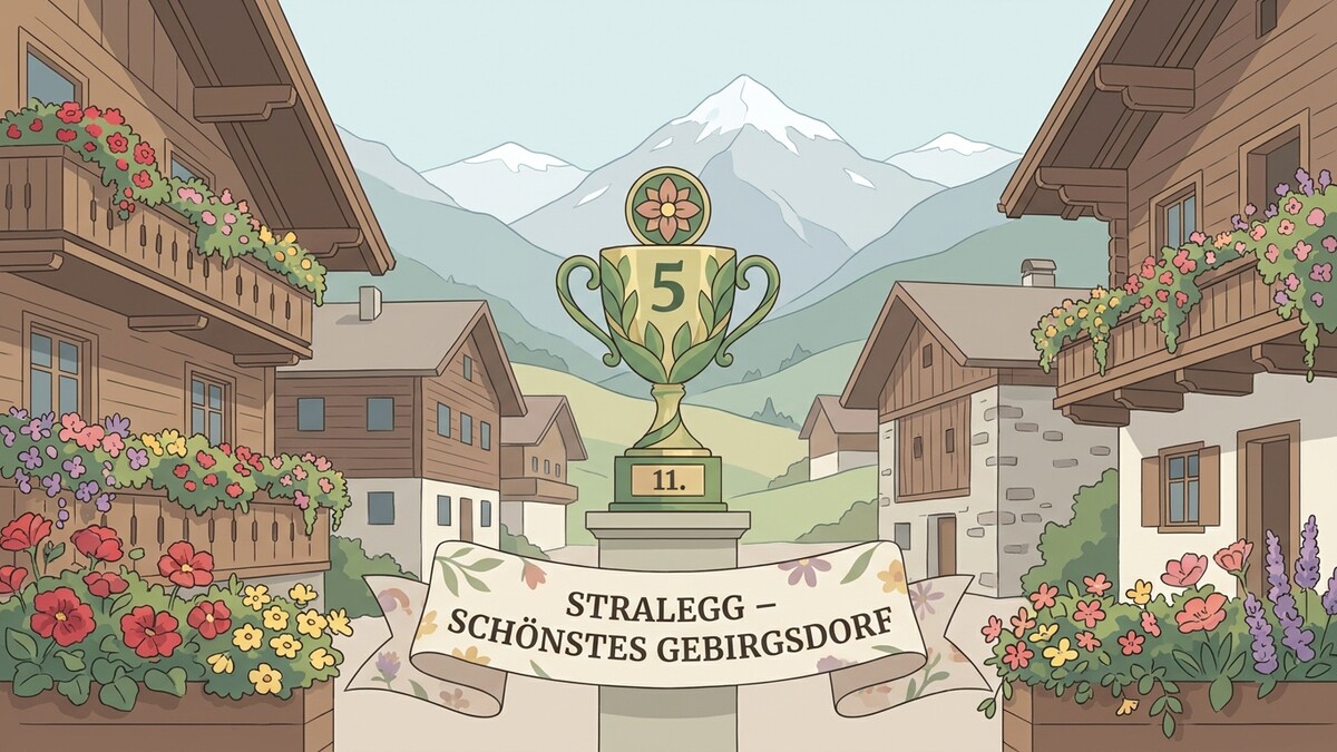 Trophäe für das schönste Dorf StraleGg mit Bergkulisse und blumengeschmückten Häusern
