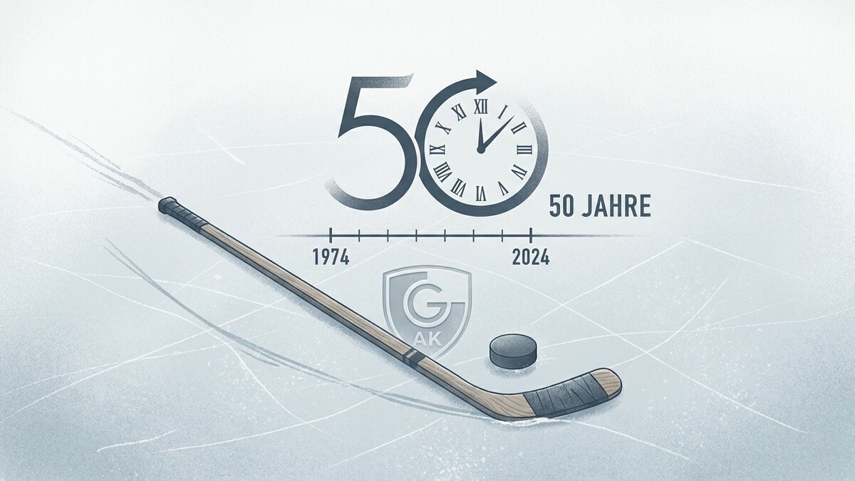 Eishockey-Schläger und Puck auf Eis, 50 Jahre Jubiläum 1974-2024