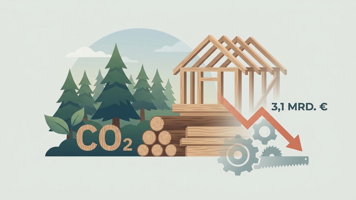 Wald mit CO2-Schriftzug, Holzstämme, Rohbau und fallender Pfeil mit 3,1 Mrd. €