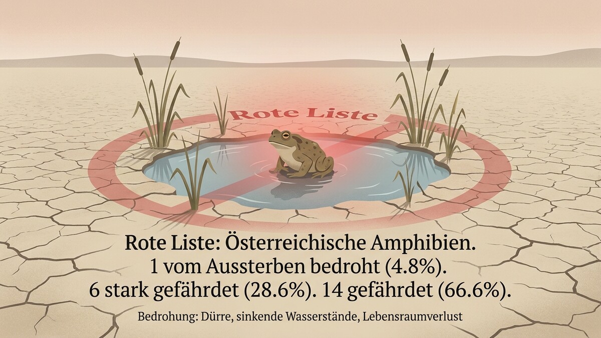 Rote Liste: Österreichische Amphibien. Frosch in vertrockneter Landschaft mit Text.