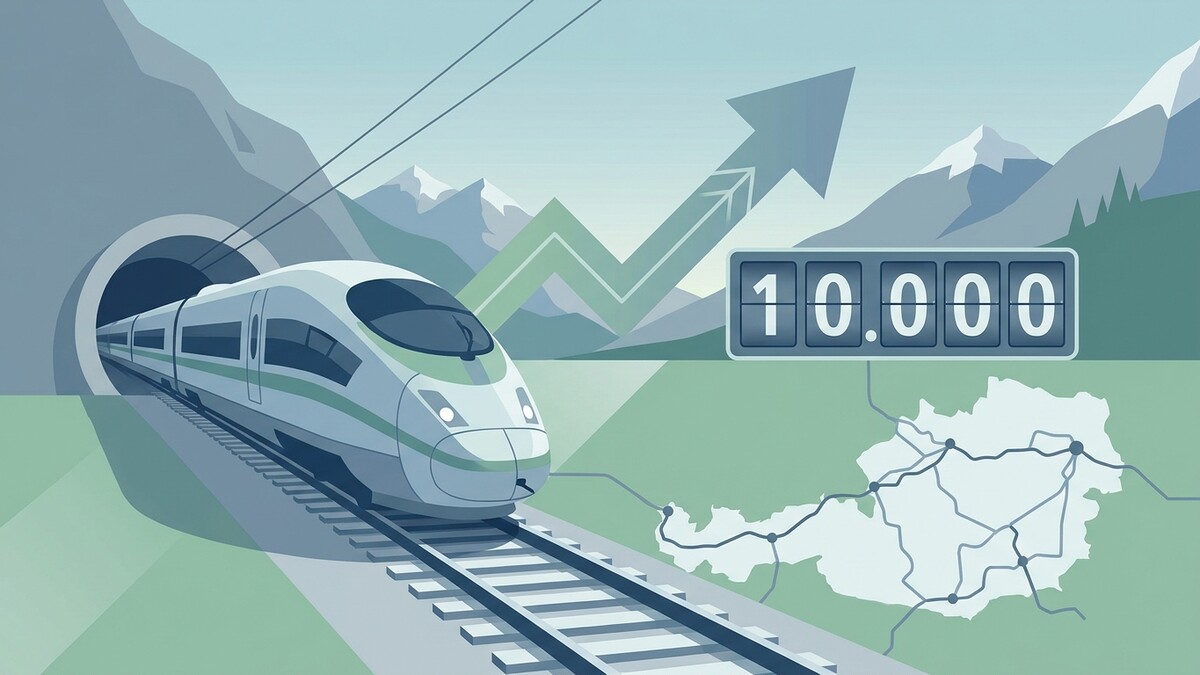 Zug aus Tunnel in Österreich mit Streckennetz und 10.000er Anzeige