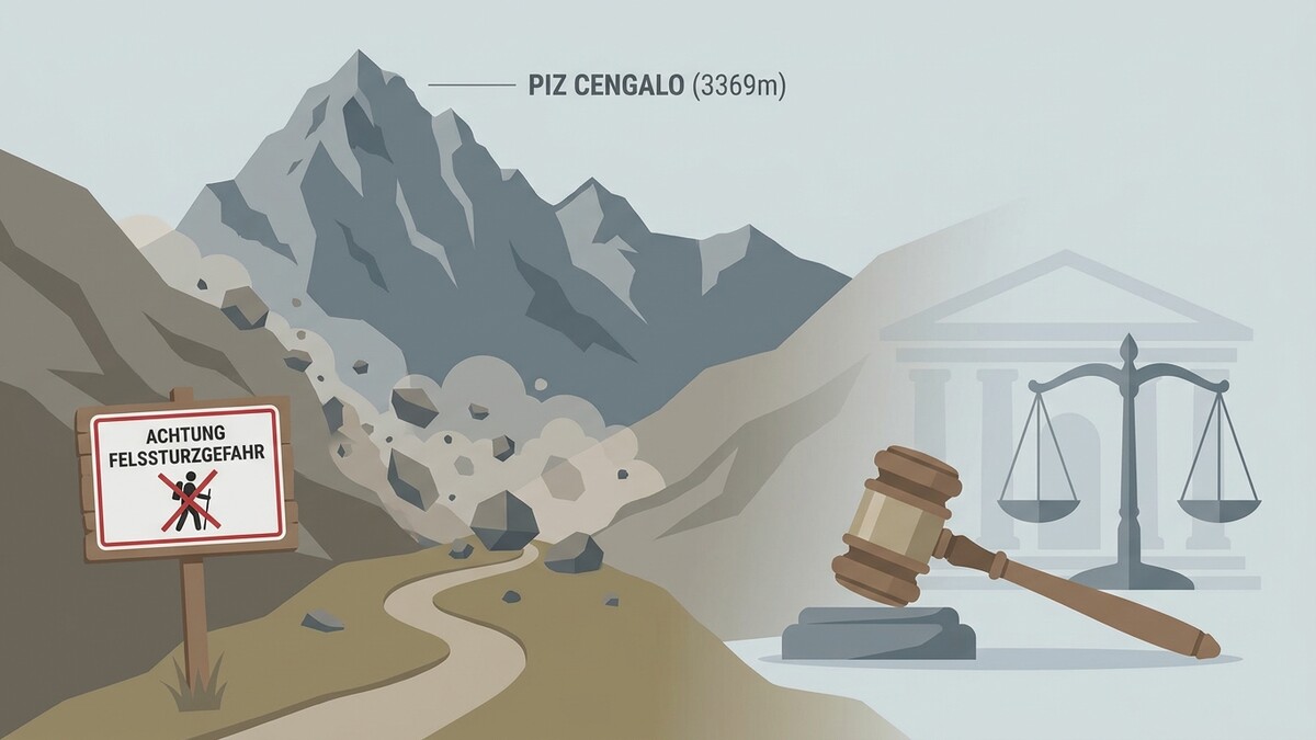 Felssturzgefahr am Piz Cengalo mit Warnschild und Justizwaage