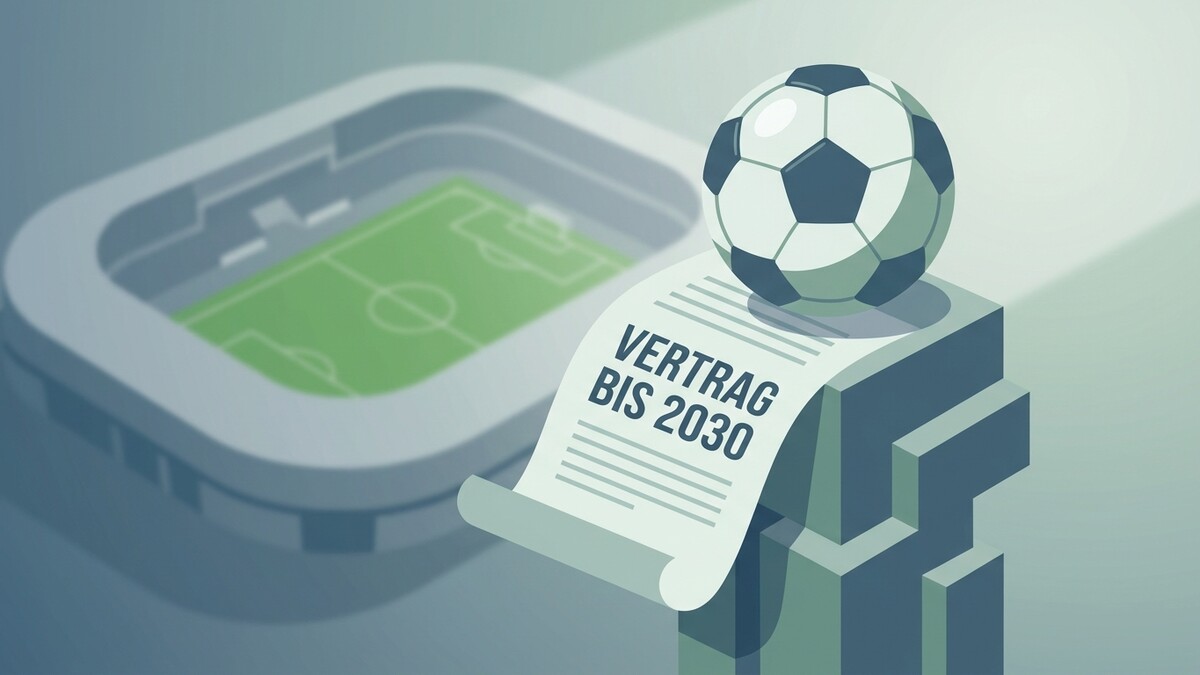 Fußballvertrag bis 2030 mit Ball und Stadion im Hintergrund