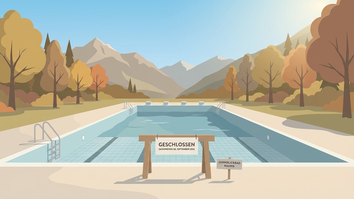 Sonnblickbad Rauris im Herbst geschlossen, mit Schild "Saisonende 08. September 2026"