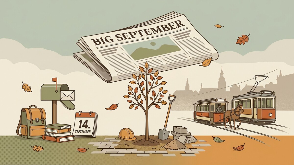 Herbstliche Szene mit Zeitung, Briefkasten, Rucksack, Kalender, Baum, Spaten und Straßenbahn