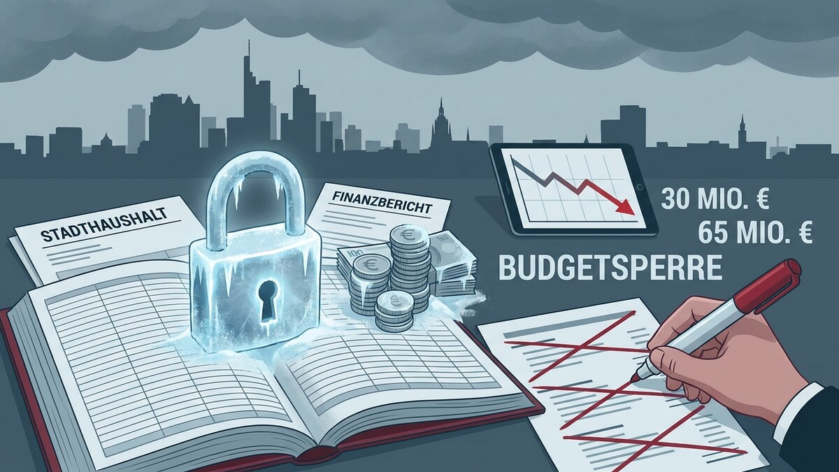 Budget Sperre: Eisiges Vorhängeschloss auf Stadthaushalt, Finanzbericht, Geld und Tablet mit fallendem Chart.