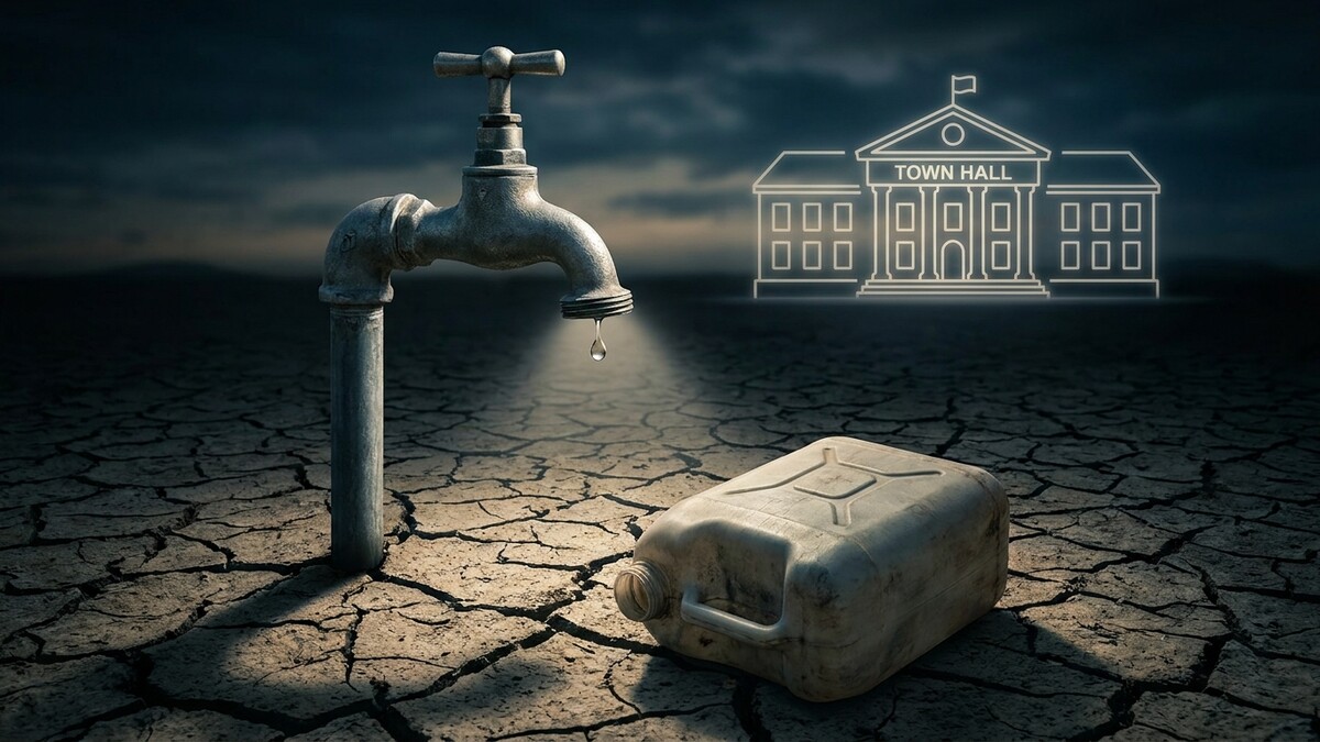 Wasserknappheit: Tropfender Wasserhahn und Kanister auf ausgedörrtem Boden vor Rathaus-Silhouette