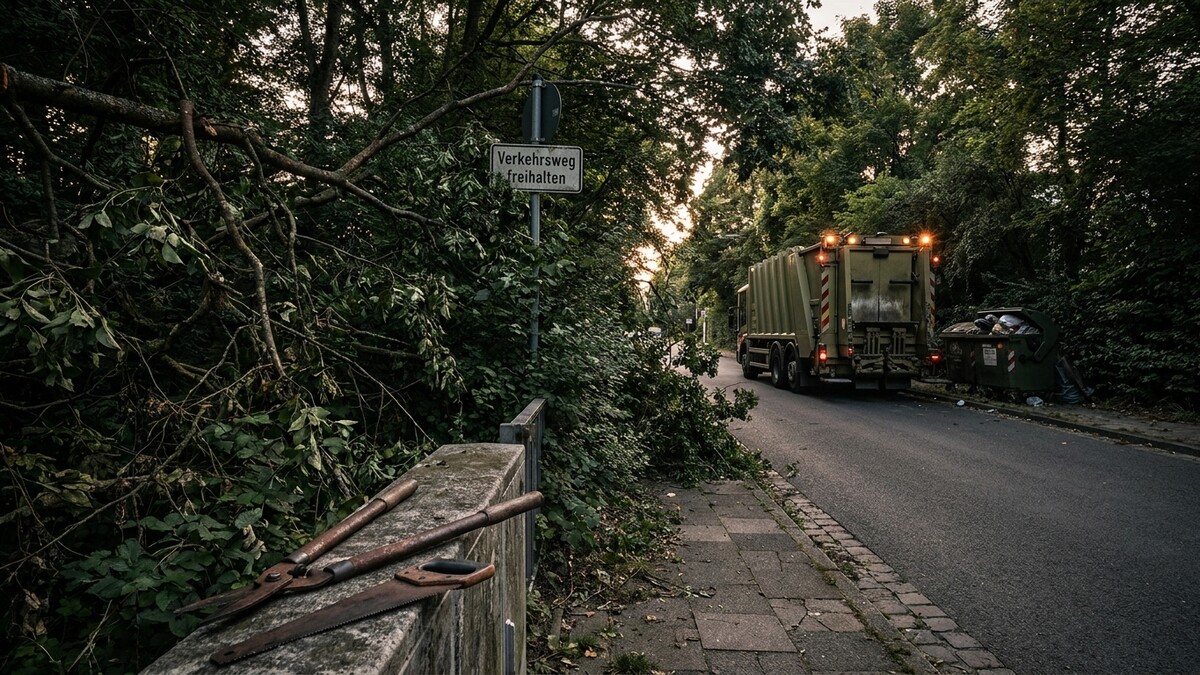 Müllwagen auf der Straße neben einem überquellenden Container und Werkzeugen auf einer Mauer