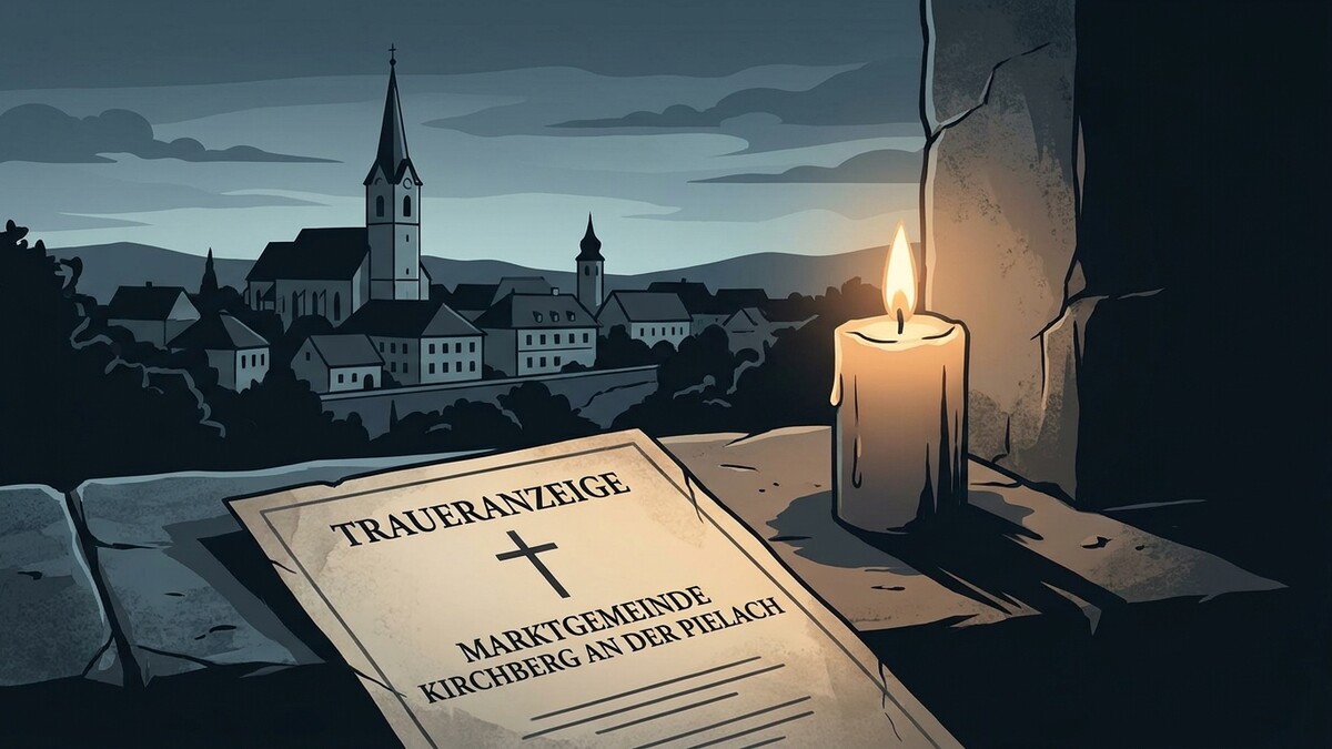 Traueranzeige der Marktgemeinde Kirchberg an der Pielach mit brennender Kerze vor Dorfansicht