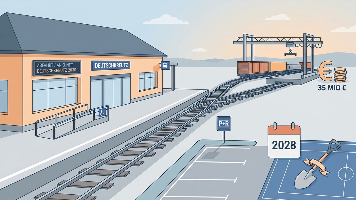 Deutschkreutz: Bahnhof, Gleise, Kran, Güterwaggons, 35 Mio €, Kalender 2028, Spaten