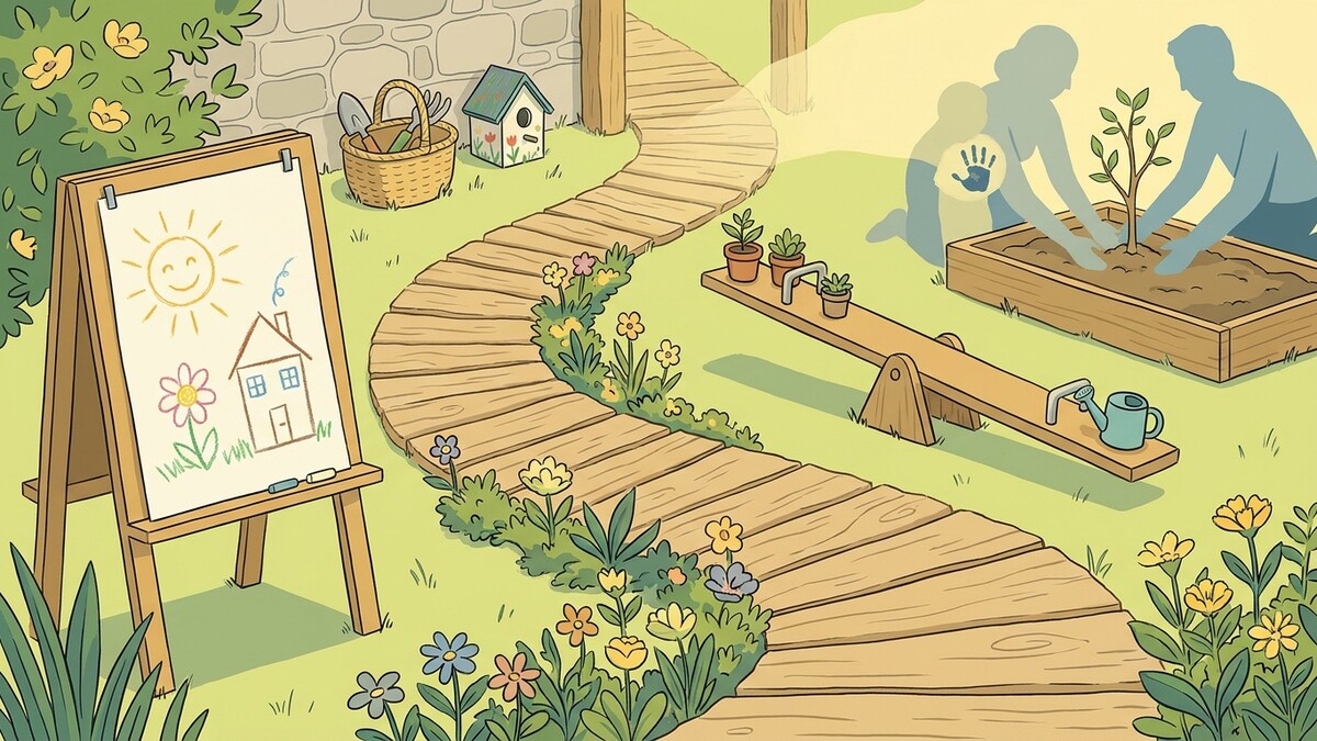 Gartenweg mit Blumen, Staffelei mit Kinderzeichnung und Familie pflanzt Baum