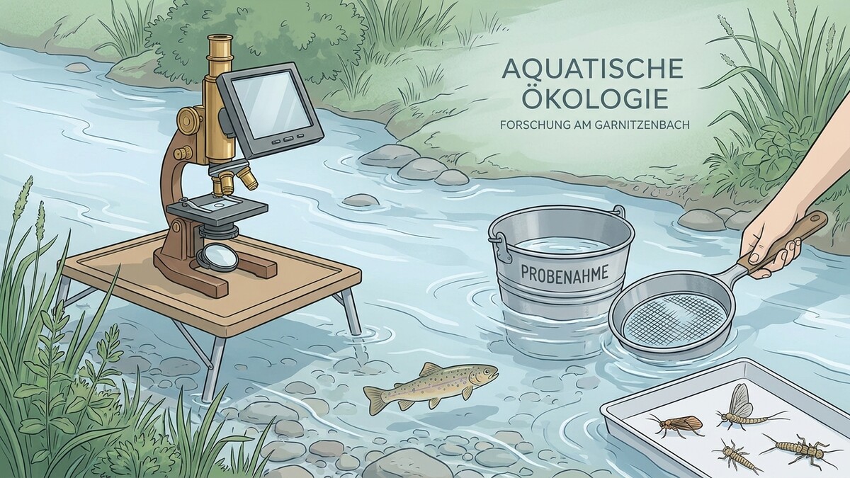 Aquatische Ökologie am Garnitzenbach: Mikroskop, Fisch, Wasserinsekten, Eimer und Sieb
