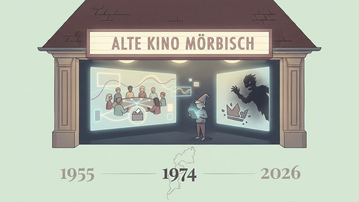 Alte Kino Mörbisch: Junge Person mit Zauberhut und Tablet vor Leinwand mit Monster