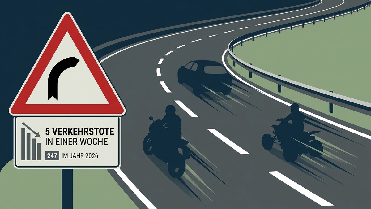Verkehrstote: 5 in einer Woche, 247 im Jahr 2026, auf kurviger Straße mit Auto und Motorrad