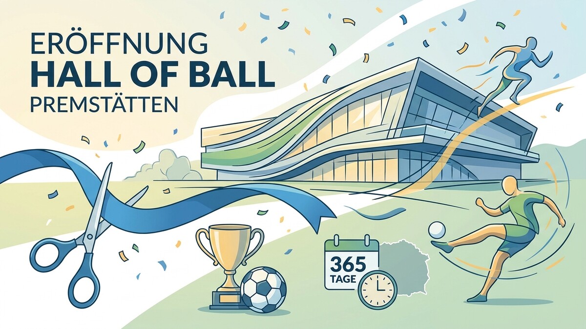 Eröffnung Hall of Ball Premstätten: Schere durchschneidet Band, Pokal, Fußball, Kalender, Läufer