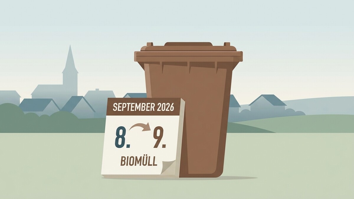 Biomüll-Abholung September 2026 mit Kalenderblatt und brauner Tonne vor Dorfansicht
