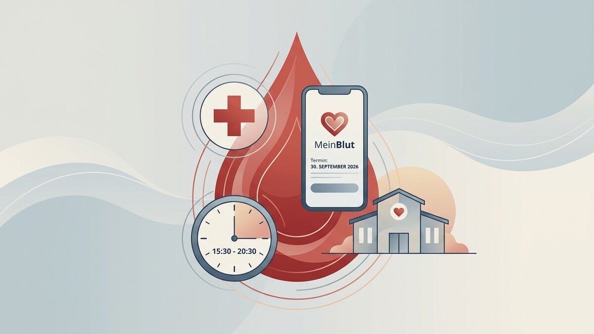 Blutspende-Termin-App mit Uhr und Spende-Symbol vor einem Gebäude