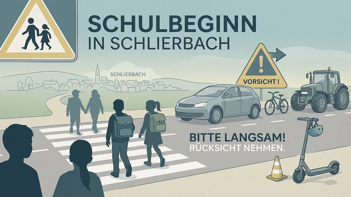 Schulbeginn Schlierbach: Kinder überqueren Zebrastreifen, Vorsicht!