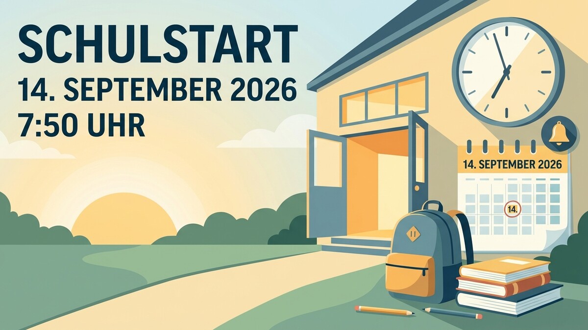 Schulstart 14. September 2026 7:50 Uhr, Schulgebäude mit Rucksack, Büchern und Kalender