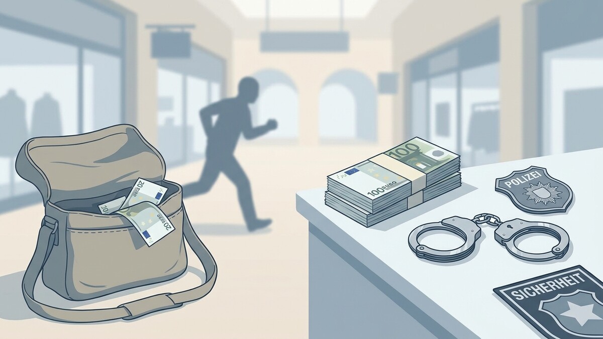 Geldtasche mit Euro-Scheinen, Geldstapel, Handschellen und Polizeiabzeichen auf einem Tisch