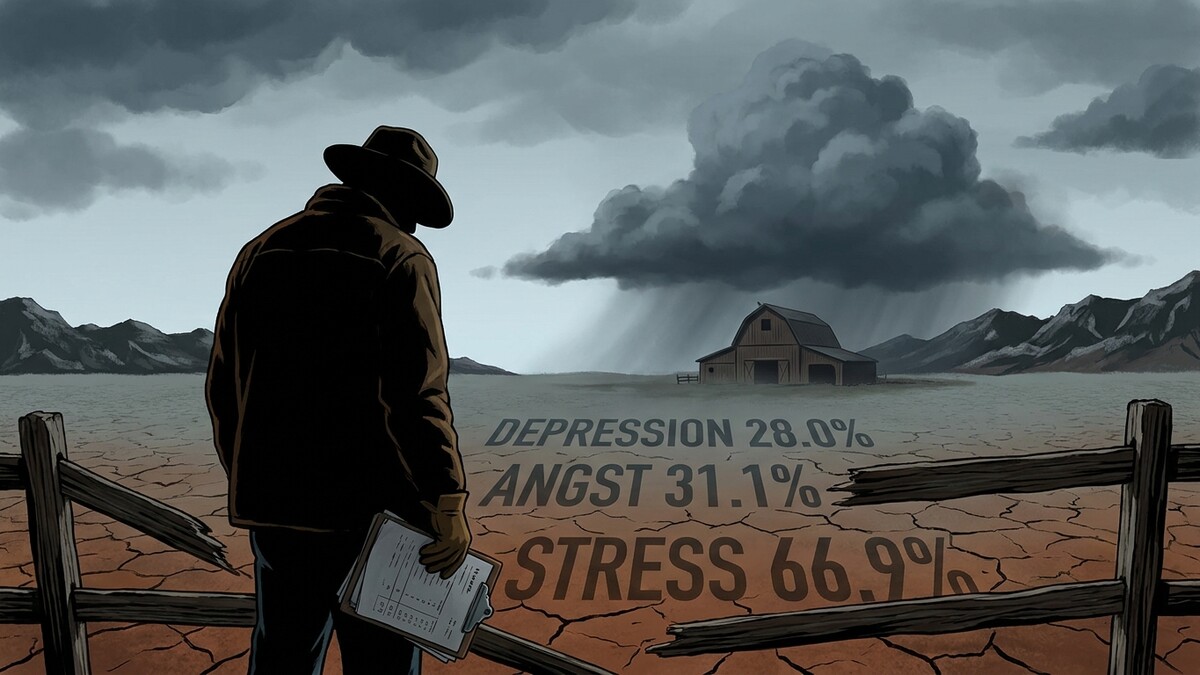 Bauernhof mit gestresstem Landwirt und Anzeichen von Depression, Angst und Stress