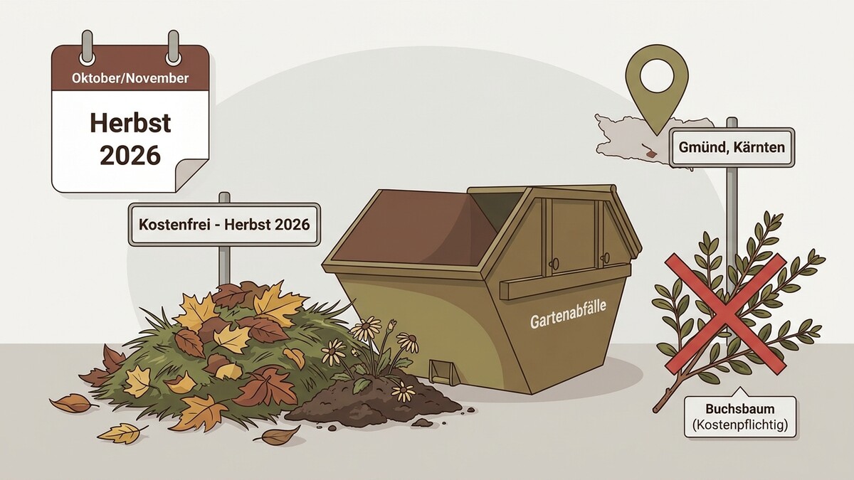 Herbst 2026: Container für Gartenabfälle in Gmünd, Kärnten, Buchsbaum ist kostenpflichtig.